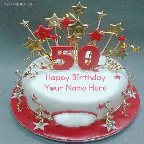Print Name On 50th Year Wishes Birthday Cake Photo – My Name Pix Cards